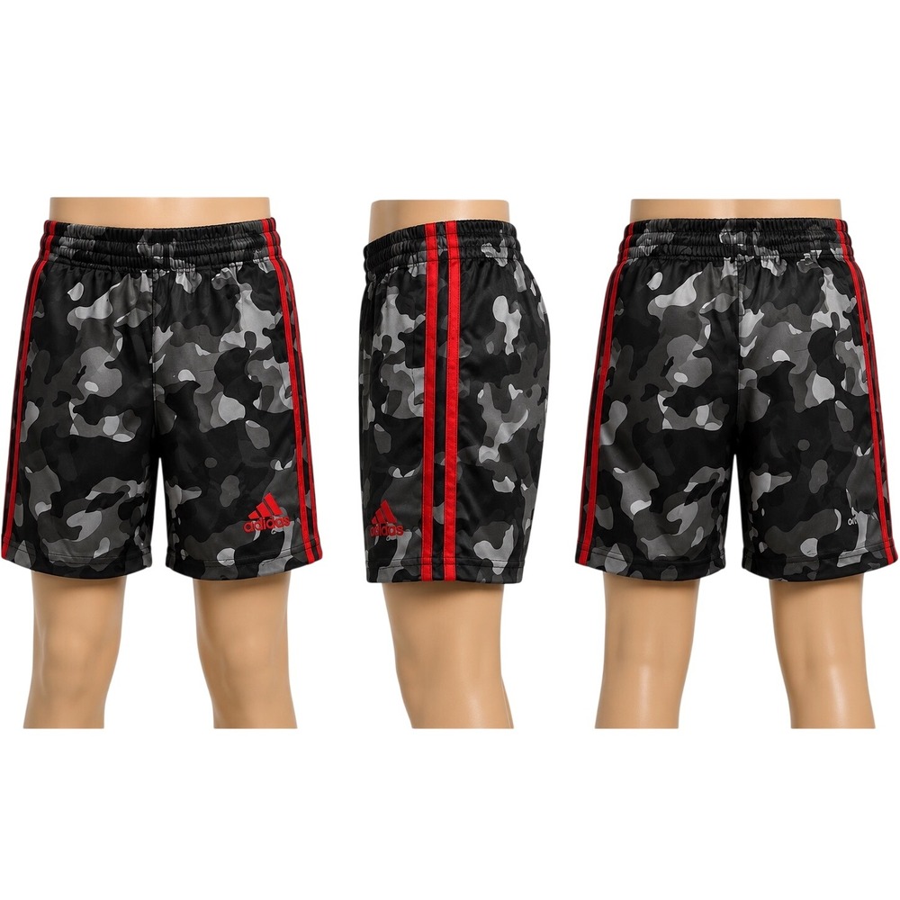 Adidas Boys Camo Athletic Shorts Grey Black Red Stripes Regular